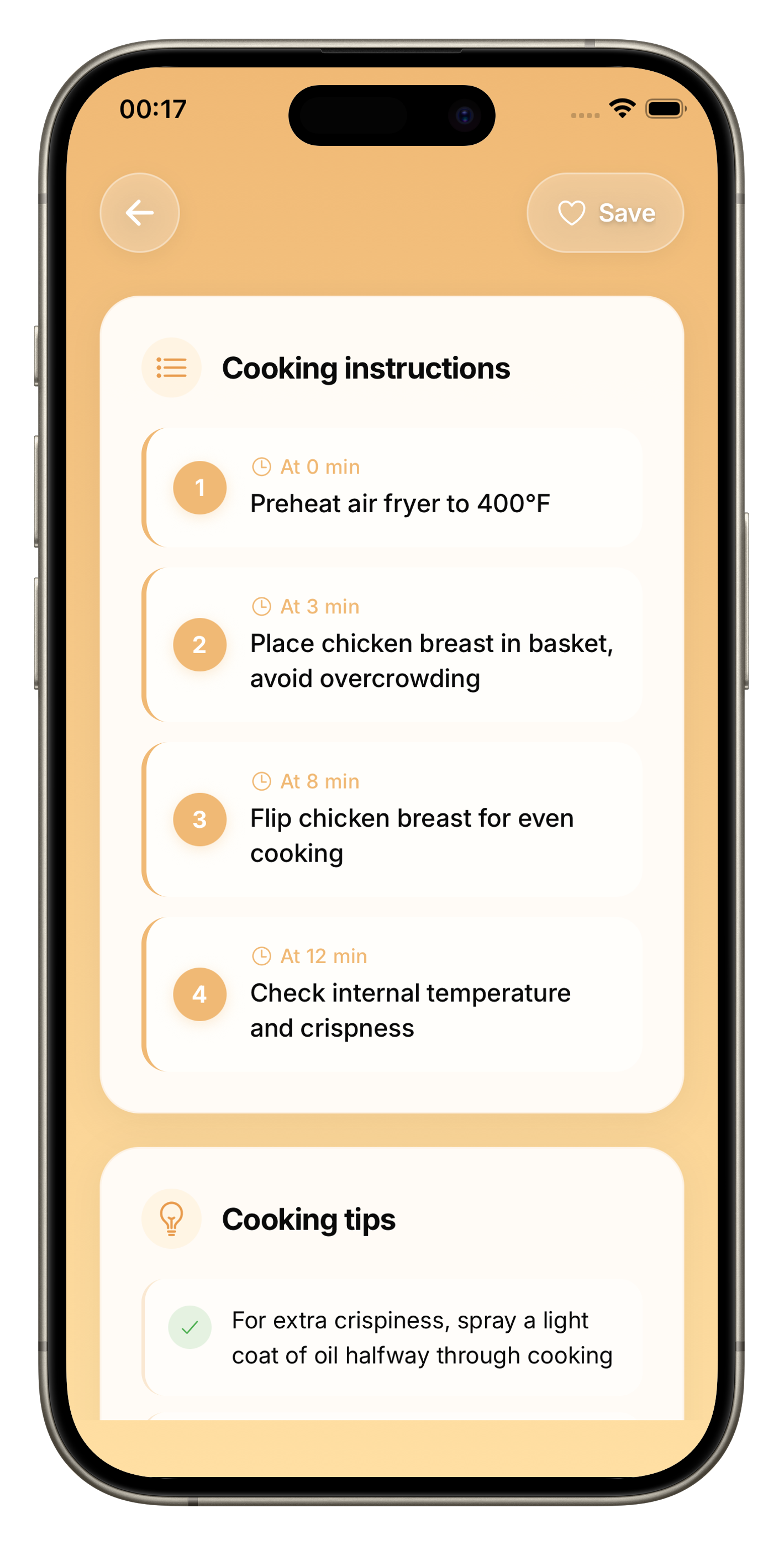 Cooking instructions screen